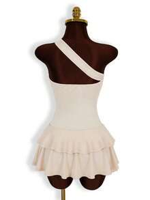 Mistrie 法式性感风格米色露肩无袖镂空紧身连衣裙，性感设计，挂脖式，褶皱腰身，金属纽扣荷叶边裙摆，适合约会/派对。 - 杏色 - 查看 2