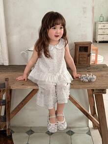 DAZY Infant/Toddler Girls' Ruffle Trim Sleeveless Shirt & Loose Shorts 2 Pieces Set - White - View 7