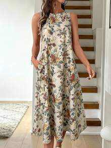 SHEIN LUNE Retro Floral Print Crew Neck Sleeveless A-Line Midi Dress, Casual And Elegant,Summer Dresses
Spring Clothes - Redwood - View 2