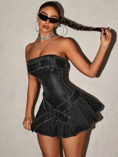 SHEIN ICON Đầm denim mini dáng ôm gợi cảm cỡ lớn, có thắt lưng, thích hợp cho mùa hè.