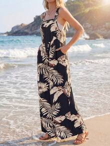 SHEIN LUNE 女士热带植物印花口袋阔腿休闲连体裤，休闲款 - 彩色 - 查看 3