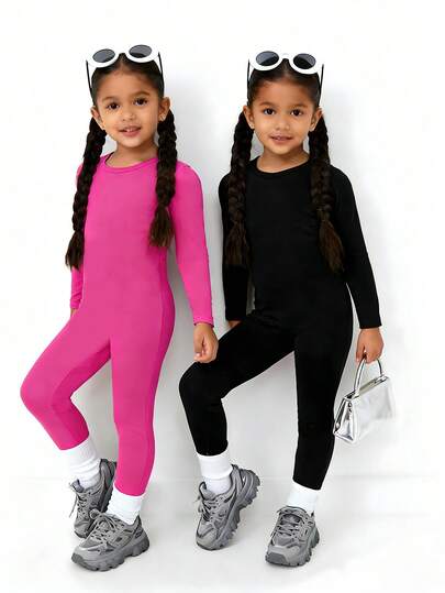 Sparklyn 2pcs Girls' Autumn/Winter Snug Fit Warm Solid Color Romper, Soft Material Provides Comfortable Wear, Solid Color, Suitable For Home Wear, Fit For Spring, Autumn And Winter