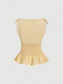 Sweetra 女士春夏度假风黄色提花蝴蝶结腰部荷叶边下摆短袖衬衫 - 黃色 - 查看 2