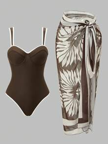 Swim Oasis Women's Brown Summer Elegant Vacation Holiday Contrast Trim Padded Push-Up One-Piece Swimsuit & Printed Tankini Set With Cover-Up Skirt Beach Outfits - Brown - View 6
