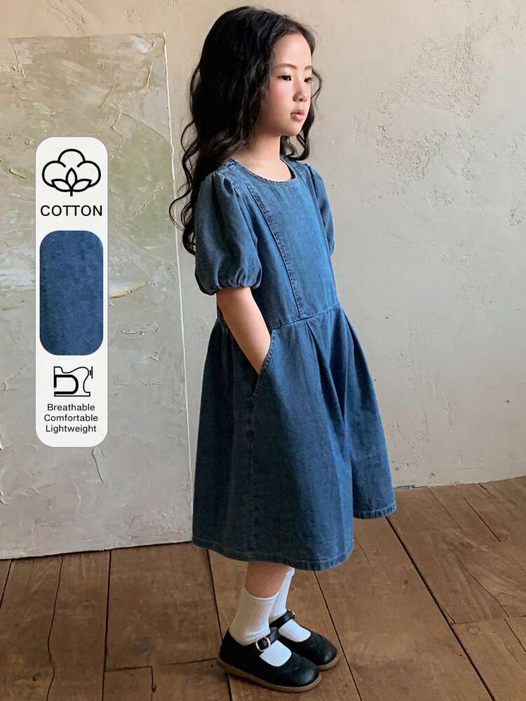 Young Girls Round Neck Puff Sleeve Denim Dress