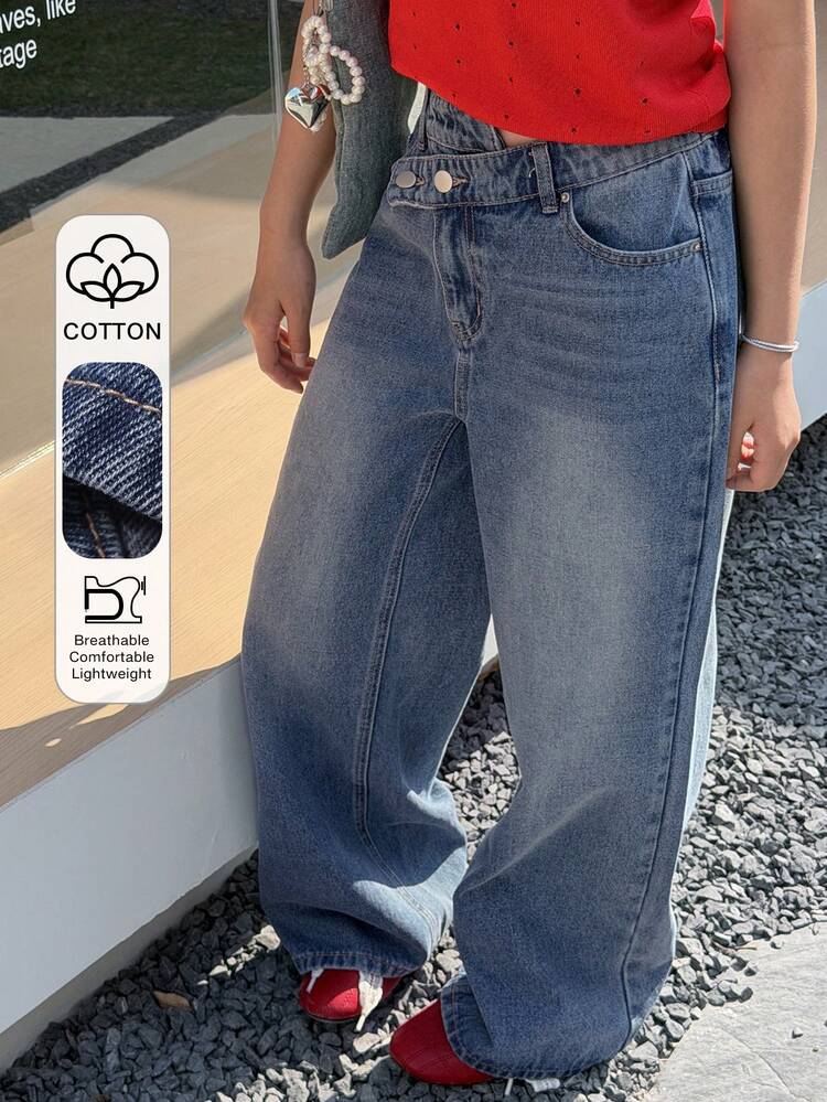 Tween Girls' Casual Everyday Commute Fashion Street Asymmetrical Waistband Design Washed Loose Wide Leg Jeans