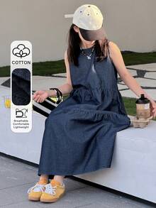 DAZY Tween Girls' Round Neck Sleeveless Denim Jumper Dress - Blue - View 1