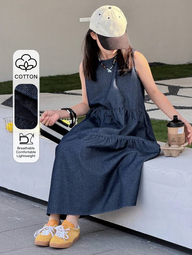 Tween Girls' Round Neck Sleeveless Denim Jumper Dress