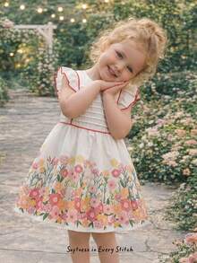 Cozy Pixies Baby Girl Floral Print Round Neck Ruffle Waist Casual Dress - Multicolor - View 2