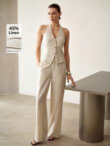 MOTF PREMIUM FASHION STRIPED PRINT OPEN BACK BUTTON PLACKET HALTER TOP - Apricot - View 5