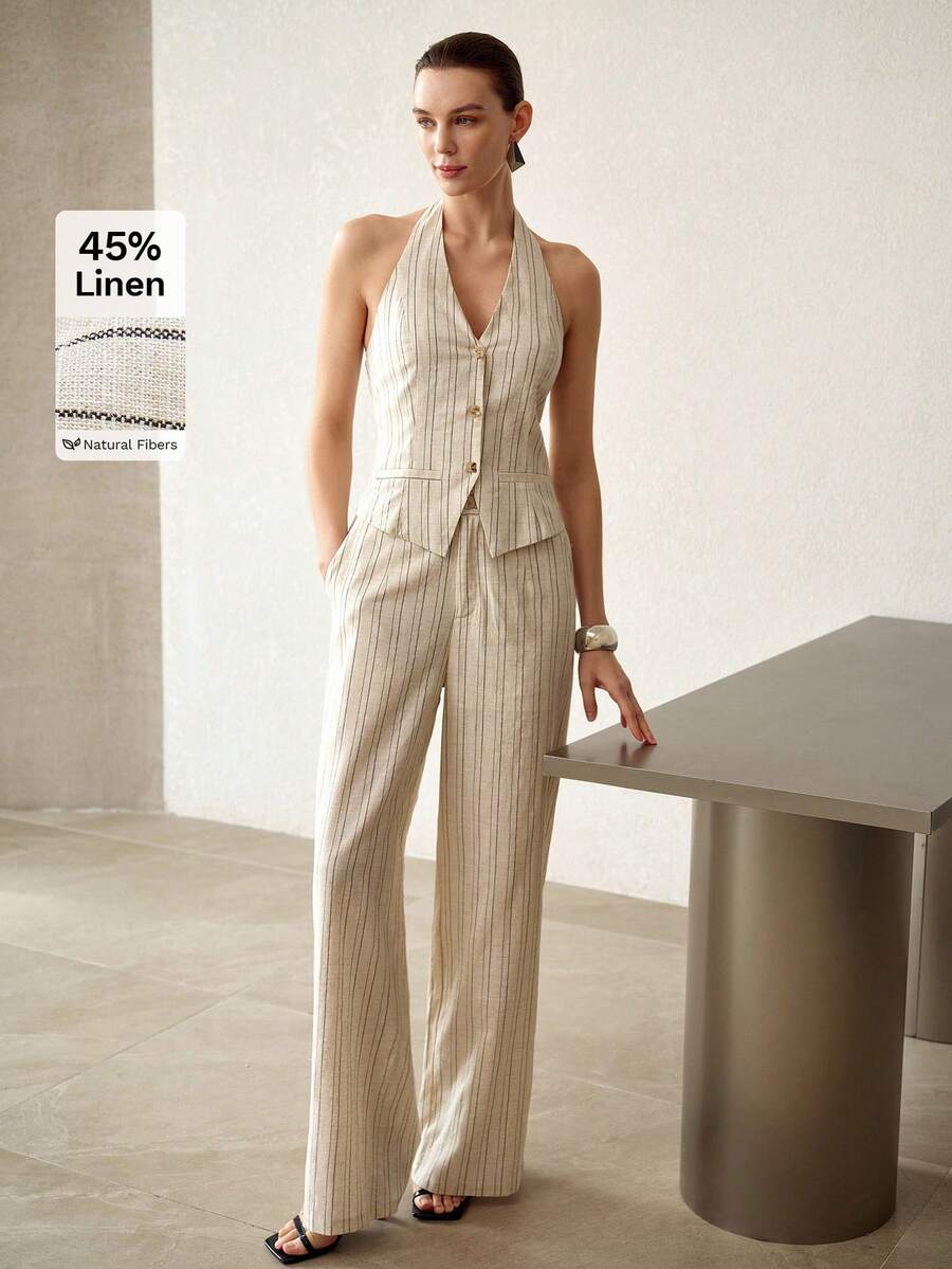 MOTF PREMIUM 时尚条纹印花露背纽扣门襟吊带上衣 - 杏色 - 查看 1