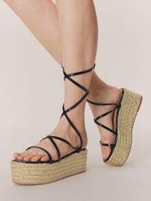 Styleloop Sandalias de cuña con plataforma de suela gruesa de unicolor tejidas de moda para mujer, sandalias de cuña de lona con correa de tobillo bohemia y retro, esenciales para vacaciones de primavera y verano, Pascua, atuendo festivo, artículo de viaje - Negro - Ver 3