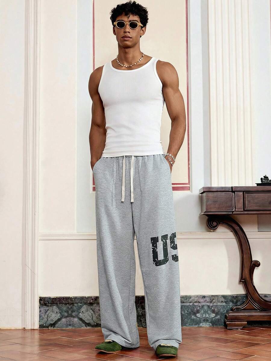 SWAVVY 男士休闲宽松运动裤，印花口袋，灰色，春秋季 - 灰色 - 查看 1