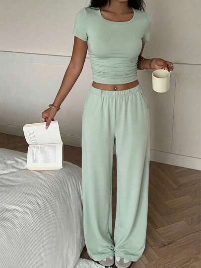 Teenage Girls' Casual Versatile Daily Wear, School, Sports American Street Style Crew Neck Short Sleeve Cropped Top + Loose Sweatpants Set, Spring/Summer