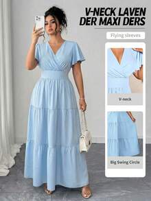 Elenzga Plus Size Women's Elegant Waist Cinched A-Line Long Sleeve Midi Dress, Suitable For Commuting, Spring/Summer - Blue - View 1