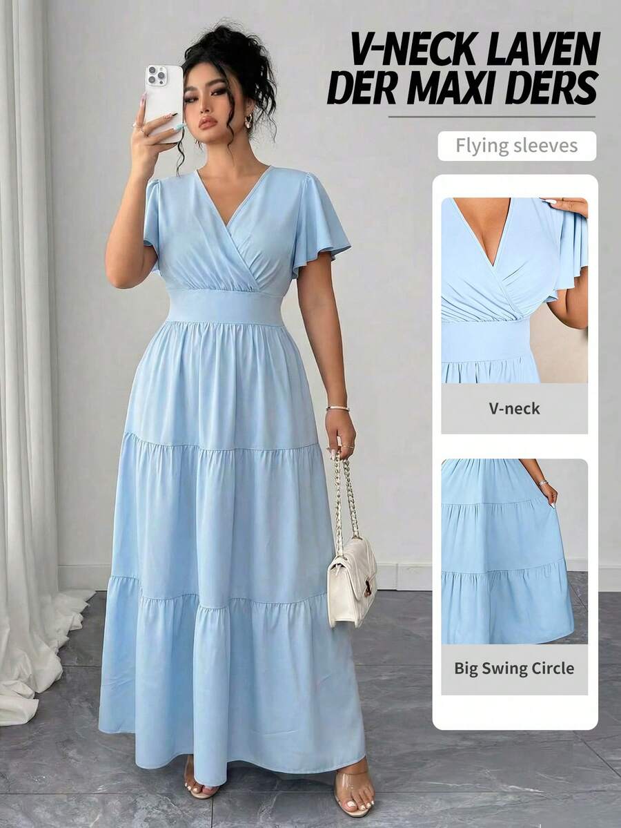 Elenzga Plus Size Women's Elegant Waist Cinched A-Line Long Sleeve Midi Dress, Suitable For Commuting, Spring/Summer - Blue - View 1