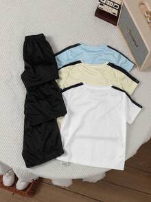 6pcs/Set Young BoyMulticolor Patchwork Sports Outfit, Suitable For School, Physical Education, Outdoor Running, Sports Wear,Kids - Apricot - View 2