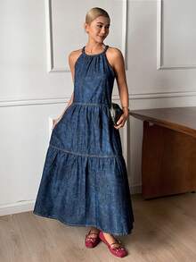 DAZY Western Cowgirl Tie-Dye Print Loose Strap Dress Off Shoulder Sleeveless Casual Vacation Dress For Women Summer - Blue - View 5