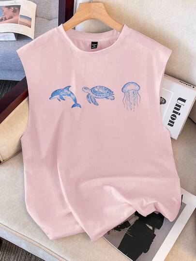 Manfinity Joysei Men's Casual Vacation Ocean Creature Print Tank Top Dolphin Shirt