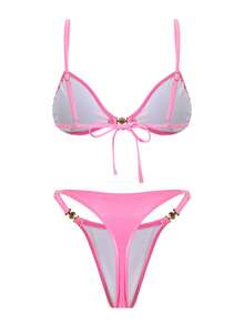 ROMWE Goth 女士休闲度假沙滩派对性感吊带蝴蝶结丁字裤比基尼两件套泳衣，春夏款 - 粉色 - 查看 6