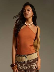 Athîral Women's Casual Vacation Knit Halter Sleeveless Beaded Top - Rust Brown - View 4