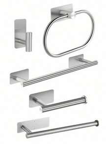 5件套不锈钢浴室配件套装，包括毛巾杆、毛巾环、衣钩、卫生纸架，壁挂式 - 銀色 - 查看 1