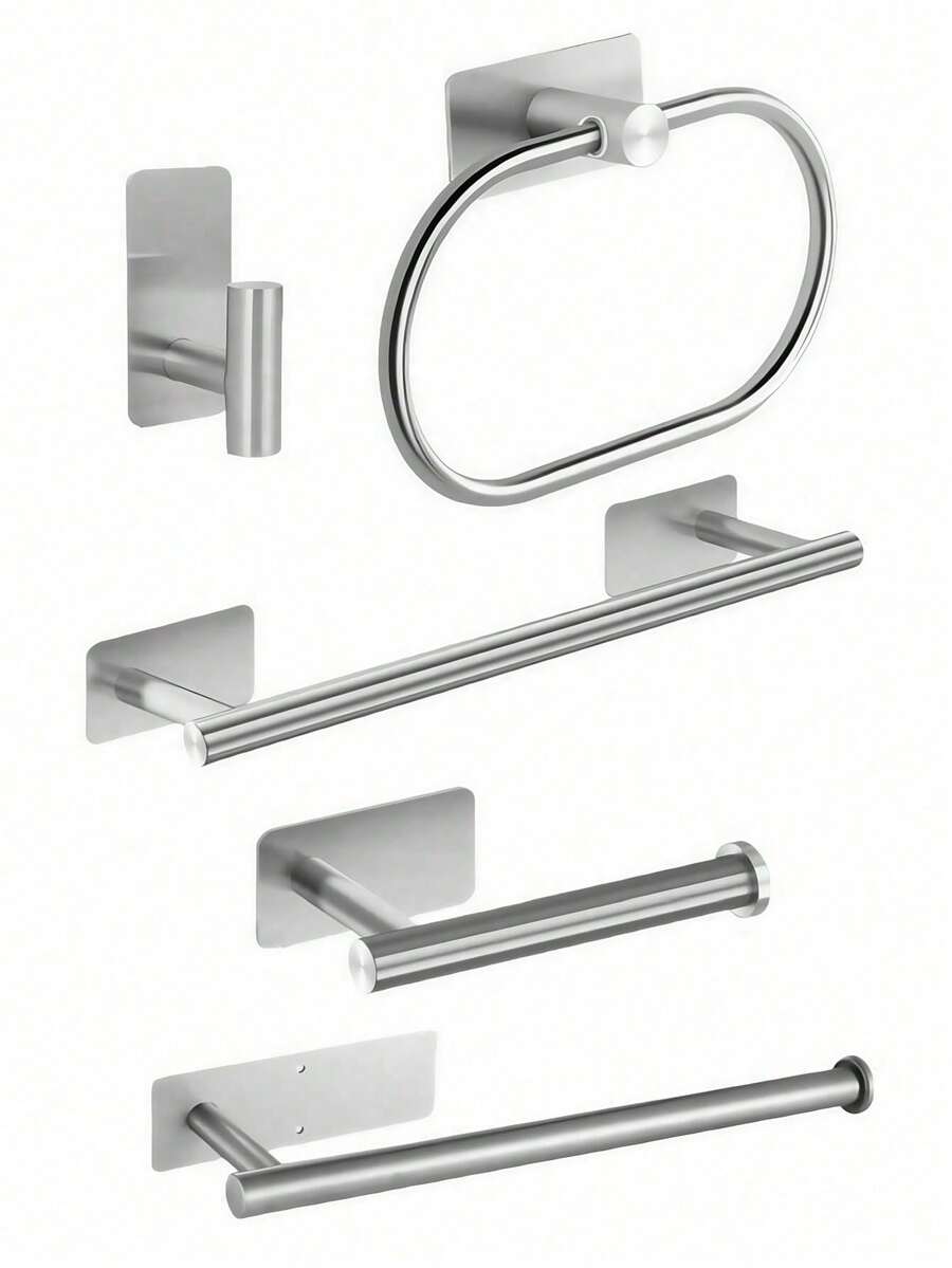 5件套不锈钢浴室配件套装，包括毛巾杆、毛巾环、衣钩、卫生纸架，壁挂式 - 銀色 - 查看 1