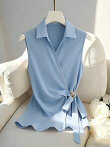 Franclia 女士纯色翻领侧系带休闲无袖衬衫 - 淺藍色 - 查看 5