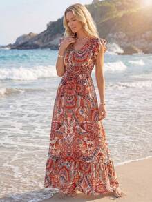 Sylviya 女士休闲抽象图案长袖连衣裙，基本款日常秋冬装 - 橘色 - 查看 1