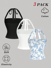 SHEIN MOD 3件套女士夏季休闲/通勤/度假印花褶皱扭结前开襟吊带背心，复古印花上衣，休闲，外出上衣，海滩，春假，夏季上衣，度假，假日 - 彩色 - 查看 3