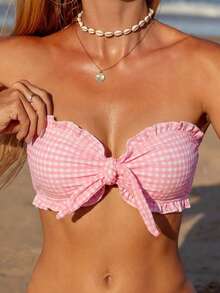 Swim Mod Women's Textured Flounce Halter Neck Crop Top, Fashionable & Cute For Beach, Resort, Pool Party - Pink - View 1