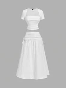 SHEIN MOD White Stretch Fabric Top, Short Sleeve Design, Square Neckline, Ruched Front Detail, Cropped Length, Soft Texture, Breathable Material, Fitted Silhouette, Layered Look, Casual Style, Lightweight Construction, Smooth Finish, Elastic Properties, Flattering Shape, Comfortable Wear, Versatile Piece, Clean Lines, Simple Elegance, Minimalistic Design, Everyday Essential, Pure White Color, Structured Fit. - White - View 6