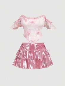 SHEIN MOD Women's Elegant Floral Print Off-Shoulder Top, Summer - Pink - View 3