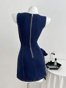 Elamini Fashionable Round Neck Tie-Up Raw Wash Fitted Denim Dress - Dark Wash - View 2