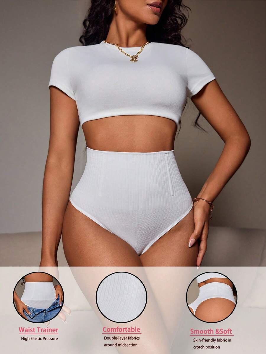 Solid High Waisted Shapewear Thong - White - View 1