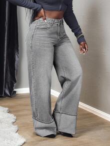 SHEIN Tall Quần jeans ống rộng nữ có túi và cúc, kiểu dáng thường ngày, đa năng. - Xám - Xem 5