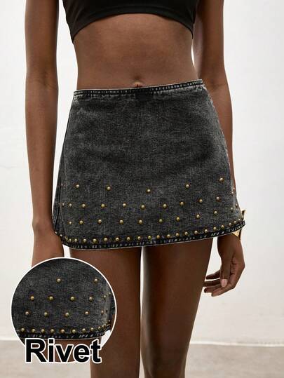 Maija Women's Black Denim Midi Skirt With Metal Stud Embellishments, Y2K Style Rock-Inspired Women's Clothing,Sexy Mini Studded Skirt