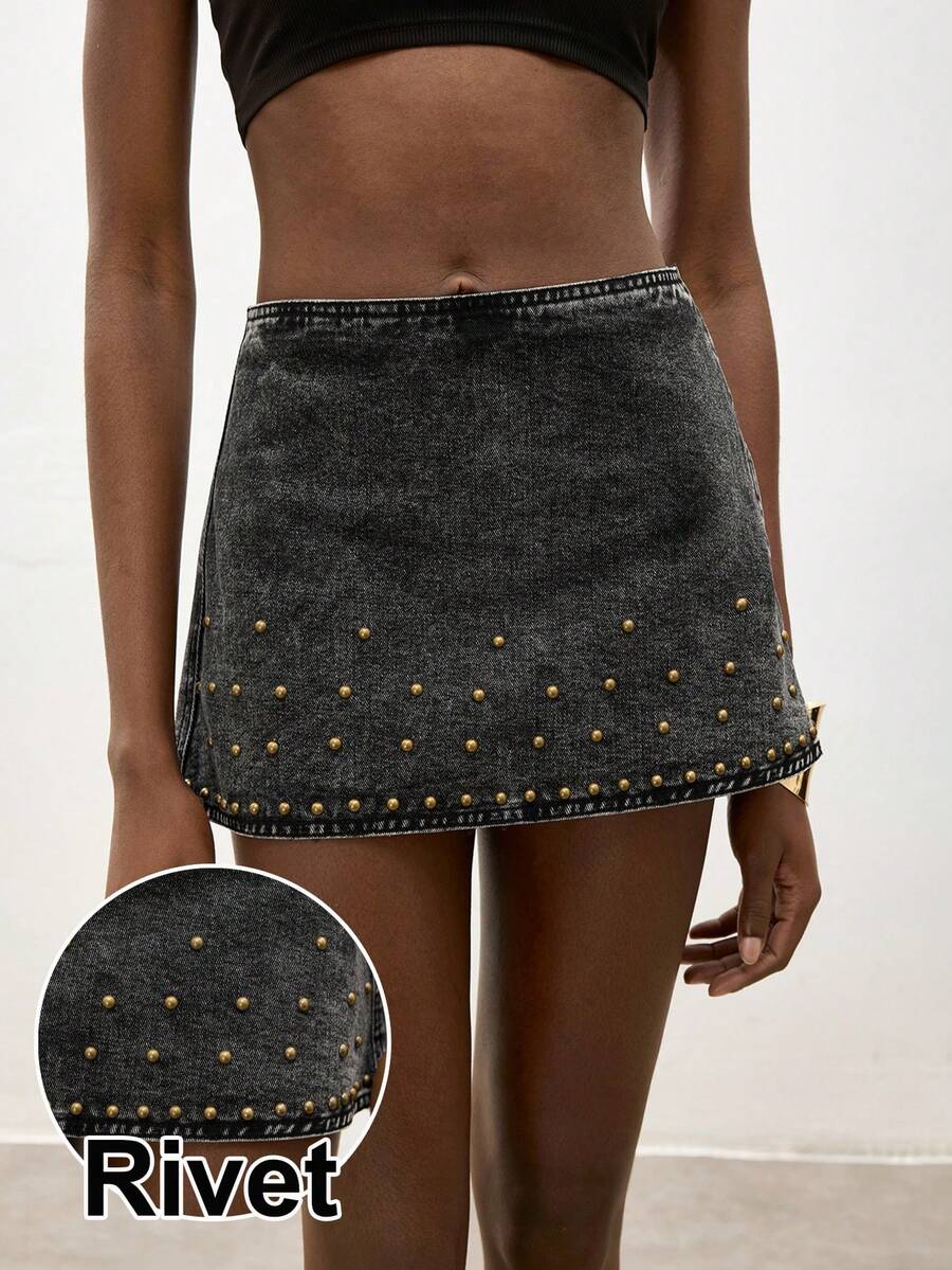 Maija Women's Black Denim Midi Skirt With Metal Stud Embellishments, Y2K Style Rock-Inspired Women's Clothing,Sexy Mini Studded Skirt - Black - View 1