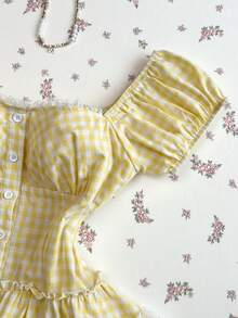 SHEIN Unity Casual Fitted Waist Puff Sleeve Pure Cotton Women Blouse - Yellow - View 6
