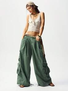 Bohemela 波西米亚风秋冬/春夏，复古女式休闲纯色水洗绿梭织宽松抽绳低腰阔腿工装裤，带翻盖口袋，西部乡村风格，适合音乐会、派对、海滩度假、日常穿着、返校、外出、派对、情人节、新年、2000年代Y2K、夏季假期等场合。 - 軍綠色 - 查看 6