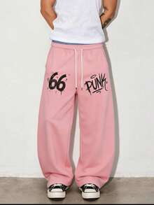 Manfinity Roghcode Men's Numeric Print Drawstring Waist Pocket Casual Pants - Pink - View 3