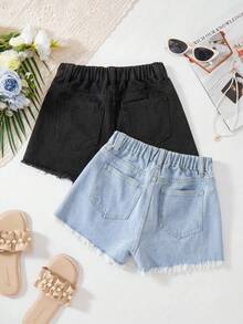 SHEIN Tween少女春夏海灘波希米亞度假風 2件組丹寧短褲 素色淺色水洗破洞原邊休閒寬鬆牛仔短褲，適合夏季音樂會、電音節、畢業典禮、早午餐、海灘度假、鄉村音樂會、節慶、家庭聚會及特殊場合，姊妹風格，可愛優雅甜美復古時尚 - 彩色 - 查看 2