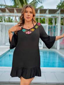Swim Lushoire Plus Size Women Crochet Flare Sleeve Beach Cover Up Dress - Black - View 4