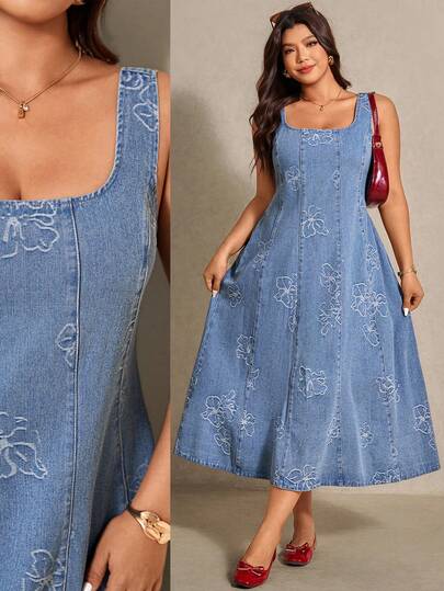 Elaquor Plus-Size Light Blue Denim Sleeveless Square Neck Dress, Elegant Long Dress With Floral Pattern,Summer Dresses For Women,Floral Dress,Festival Dresses