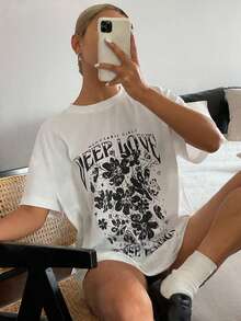 DAZY Women's Contrast Lace Letter Print Loose Casual Summer Top Graphic Tees Women - White - View 5