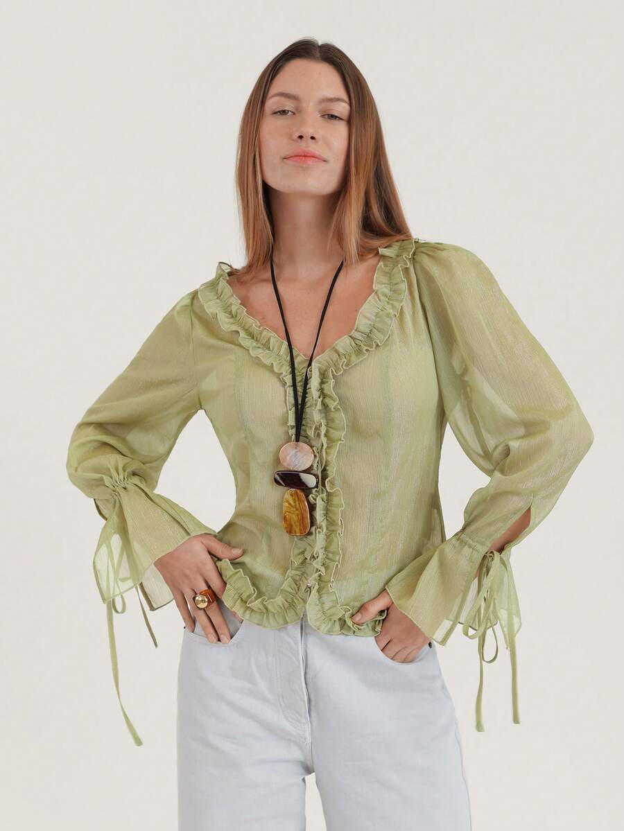 CielaLinda 女士荷叶边绿色长袖上衣波西米亚风衬衫 - 綠色 - 查看 1