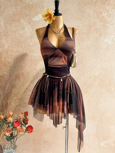 Soleia 新款性感深V领系带腰身木珠不对称下摆迷你连衣裙，适合派对、约会、夜店、波西米亚风、度假、秋季女装、复古风、假日穿着