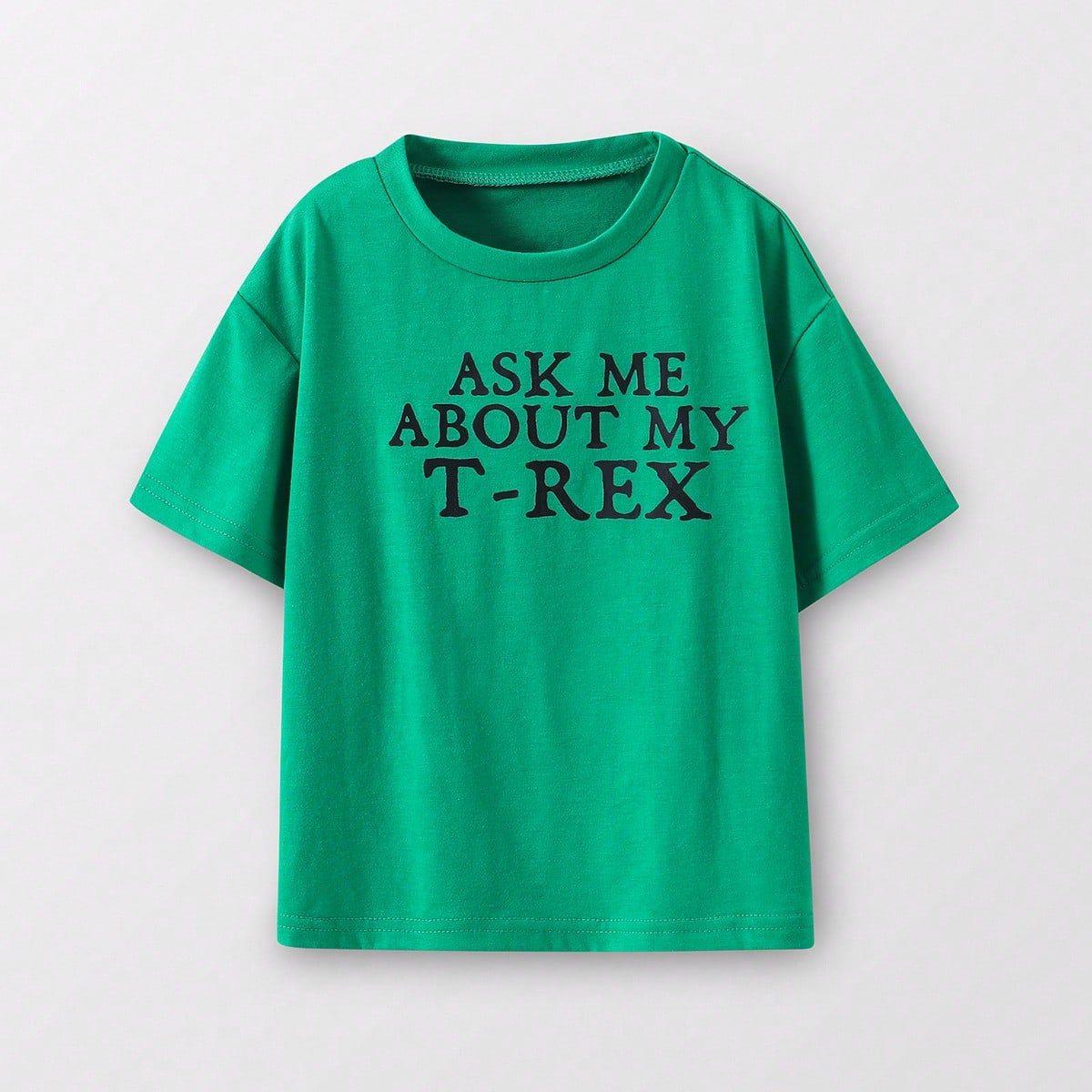 Camiseta de punto de manga corta cómoda y con estilo para niños pequeños con estampado de dinosaurio de dibujos animados, cuello redondo y ajuste r