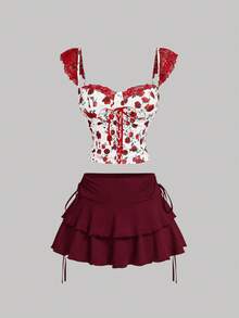 SHEIN MOD Red Rose Floral Print Contrast Lace Crisscross Ribbon Top – Date, Party, Women's Summer And Spring Wear, Spring Break, Vacation, Picnic, Festival, Birthday - Red and White - View 7