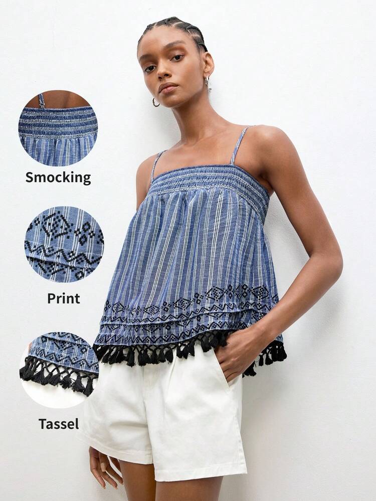 SHEIN Maija Women's 2026 Summer Vacation Camisole Top,Blue And White Stripe Patchwork Fringe Hem,Boho Casual Holiday Beach Striped Top